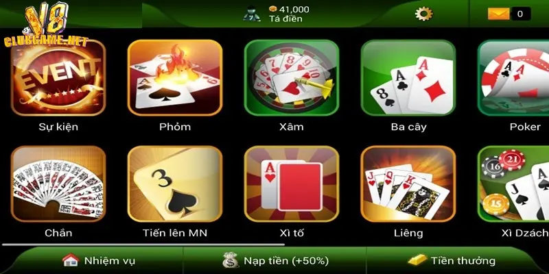 Sảnh game bài tại V8Club cung cấp đa dạng trò chơi 